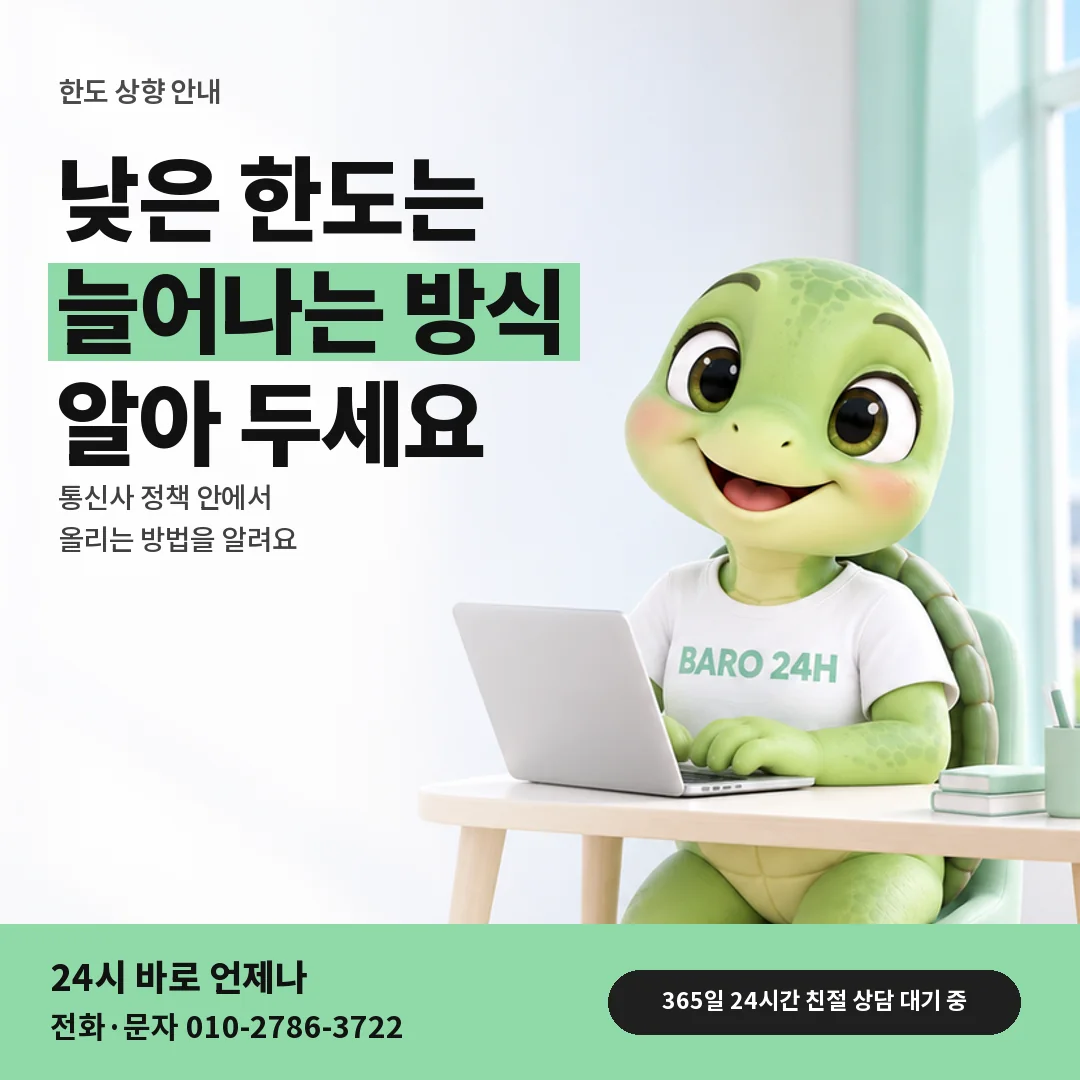 휴대폰을 보며 웃는 BARO 24H 티셔츠를 입은 3D 거북이 캐릭터 옆에 「한도 상향 안내」 제목을 얹은 안내 카드